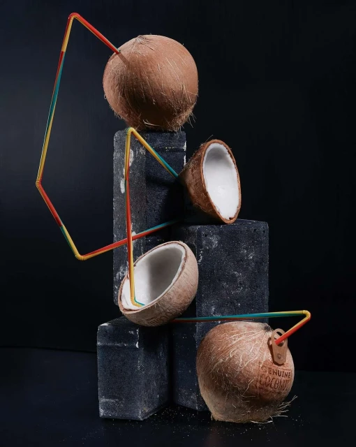 Still life of two coconuts and two coconut halves placed on blocks with a geometric arrangement of colorful drinking straws against black.