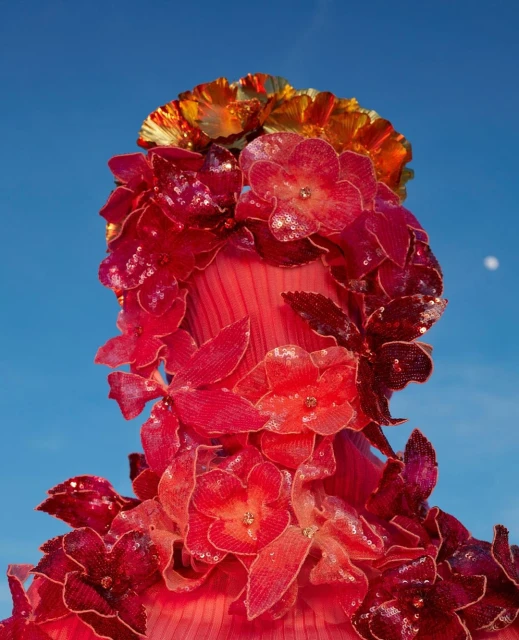 Eye-level view of a person wearing a floral dress and headdress against a clear blue sky, displaying a high-fashion, artistic aesthetic.