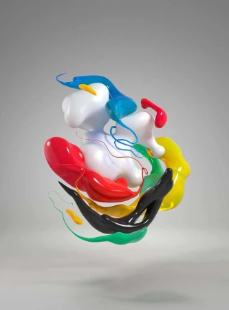 Colorful abstract arrangement featuring red, blue, white, yellow, green, and black glossy curved elements on a neutral grey background.