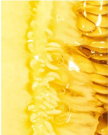Close-up of a bright yellow honeydew melon half with seeds and a glistening surface, showcasing its juicy interior.
