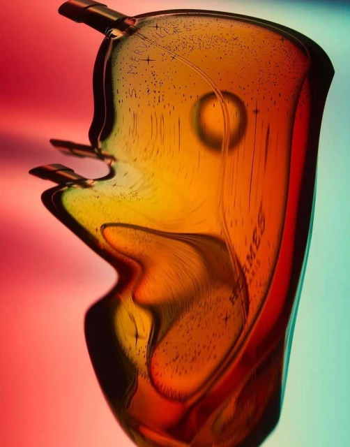 Translucent amber perfume bottle with red and teal background. Cosmetic product presentation with branding visible in soft light.