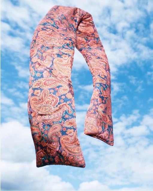 Cylindrical pillow with a paisley pattern in red, orange, and navy blue against a blue sky with white clouds, creating a striking contrast.