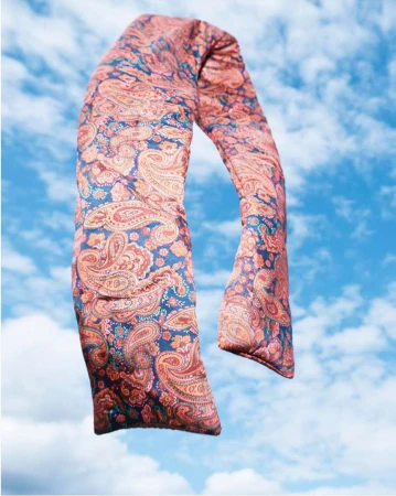 Cylindrical pillow with a paisley pattern in red, orange, and navy blue against a blue sky with white clouds, creating a striking contrast.