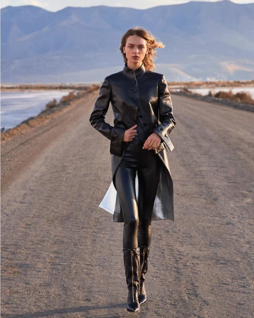 Woman in black leather outfit confidently walks down a desert road toward the camera, mountains in background, outdoor fashion shot.