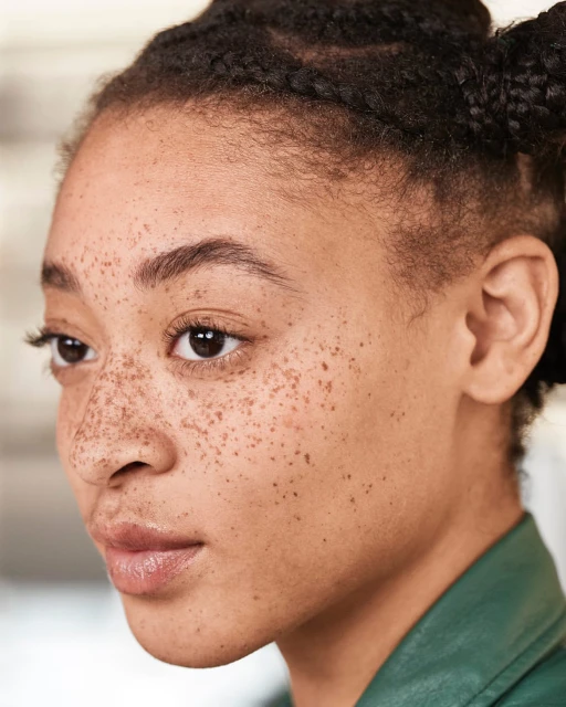 Close-up portrait of an adult female with freckles, braided hair, and a green jacket, highlighting natural skin texture and beauty.
