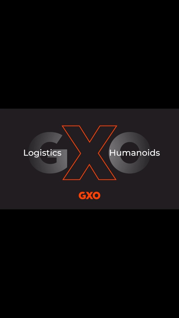 Graphic background with 'Logistics,' 'GXO,' and 'Humanoids' in shades of grey and orange against a solid black background. Modern design.