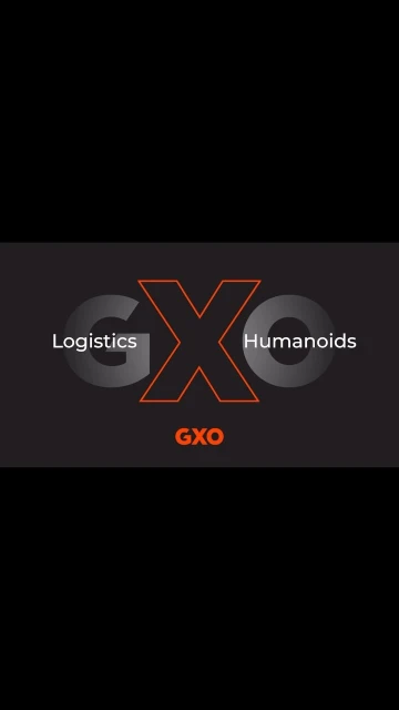 Graphic background with 'Logistics,' 'GXO,' and 'Humanoids' in shades of grey and orange against a solid black background. Modern design.