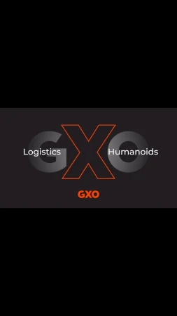 Graphic background with 'Logistics,' 'GXO,' and 'Humanoids' in shades of grey and orange against a solid black background. Modern design.