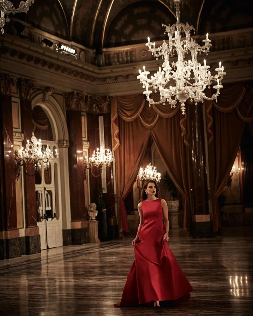 Elegant woman in a red gown stands in a grand ballroom beneath a chandelier, surrounded by ornate architecture and marble flooring.