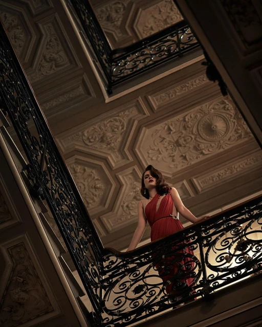 Elegant woman in red dress poses on ornate wrought-iron balcony. Interior setting with decorative plaster ceiling, low-angle shot.