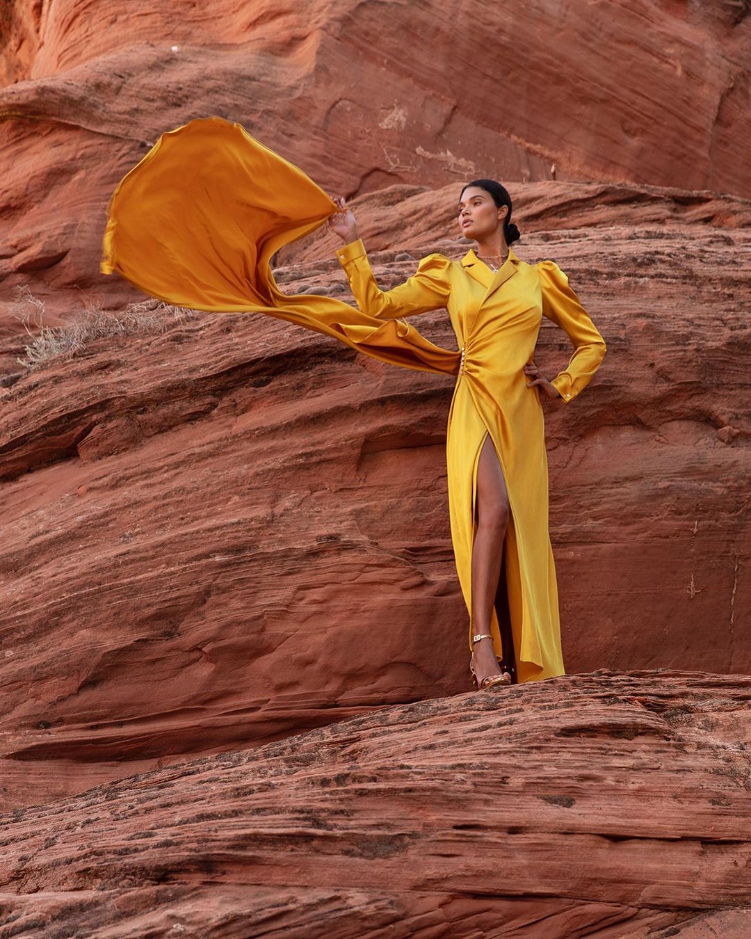 A woman in a yellow gown poses on red rock formations, holding part of the dress aloft. The scene is lit by soft, natural light.