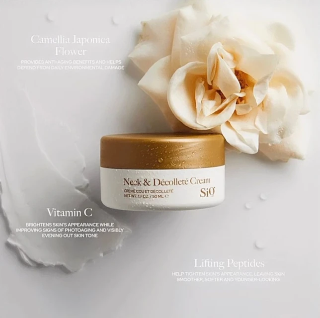Cosmetic cream product shot with rose flower, featuring 'Neck & Décolleté Cream' in a white container with gold lid, positioned on white backdrop.