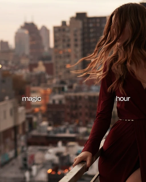 Woman in a burgundy dress stands on a rooftop overlooking a city during the magic hour, hair blowing in the wind, and buildings in background.