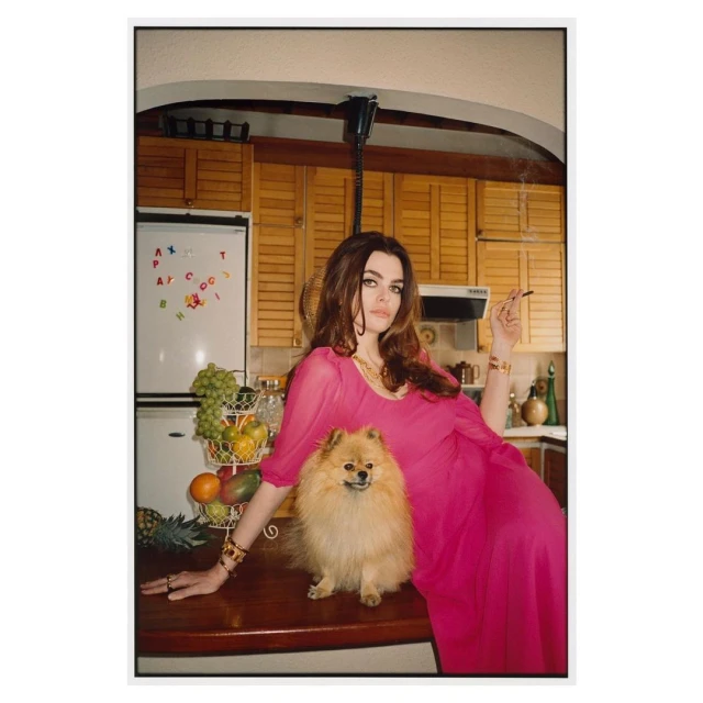 Adult woman in pink dress and jewelry poses with a small dog on a counter with a kitchen and appliances in the background.