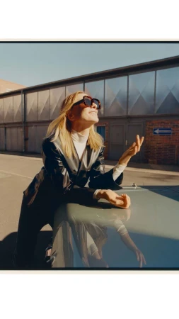 Blonde woman wearing oversized sunglasses and dark jacket leaning on a car hood outdoors under a clear sky.