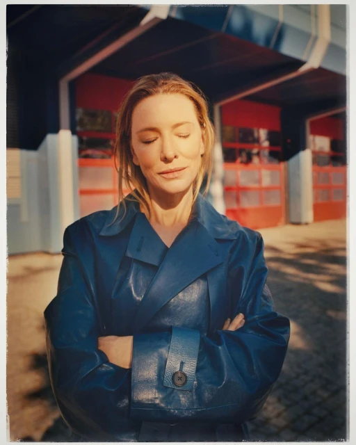 Woman in blue coat stands outdoors with eyes closed, bathed in sunlight, against a backdrop of a red and grey building.
