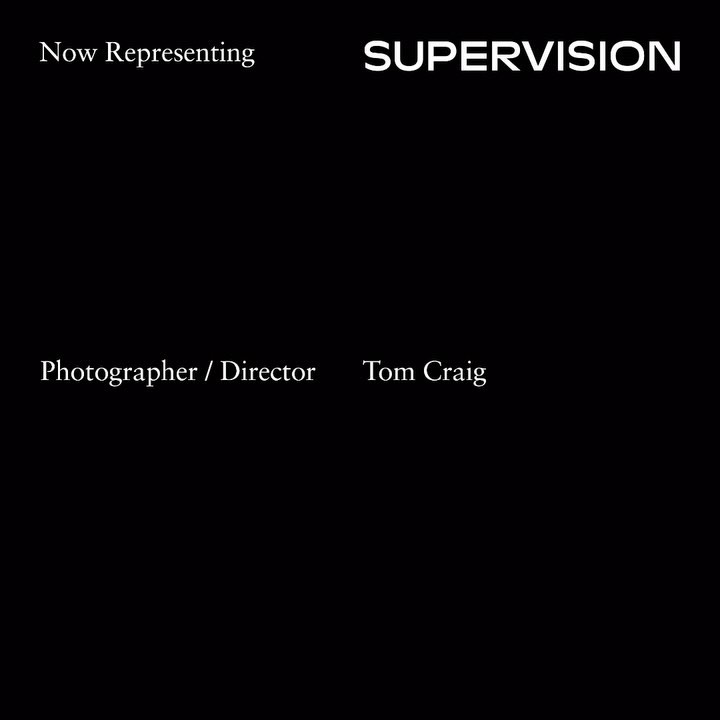 Minimalist black graphic design card featuring white typography announcing representation for director Tom Craig