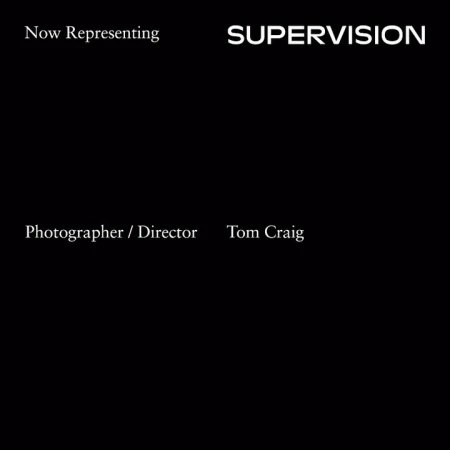 Minimalist black graphic design card featuring white typography announcing representation for director Tom Craig