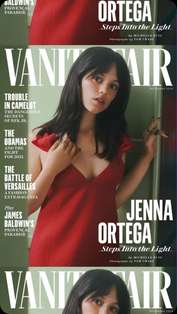 Vanity Fair magazine cover featuring Jenna Ortega in a red dress, shoulder up, against a colorful background, September 2024.