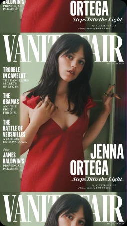 Vanity Fair magazine cover featuring Jenna Ortega in a red dress, shoulder up, against a colorful background, September 2024.