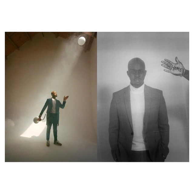 Composite shot: A dark-skinned man in a suit stands in a misty spotlight, contrasted with a black-and-white portrait of a man in a suit.