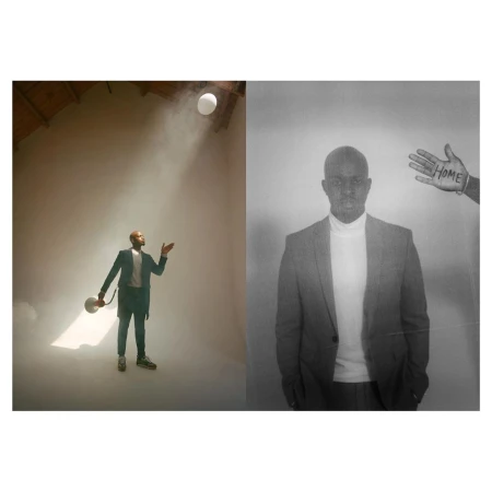 Composite shot: A dark-skinned man in a suit stands in a misty spotlight, contrasted with a black-and-white portrait of a man in a suit.