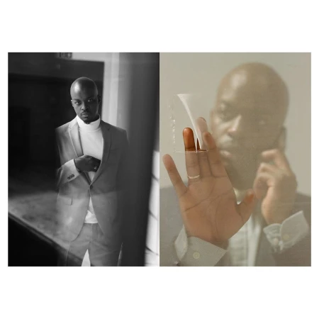 Diptyque portrait of a bald Black man in a tailored suit and turtleneck, split layout with close-up on hand.
