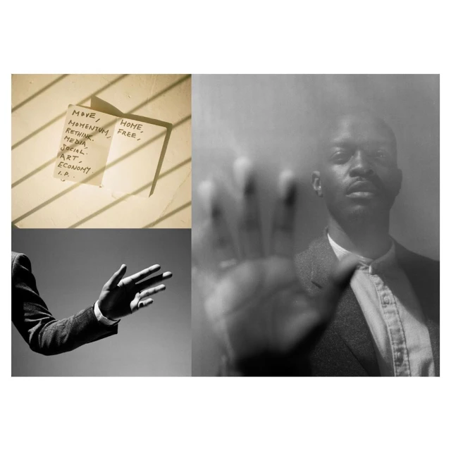 Montage of an African American man in a suit, hand gestures, and a note with text in a black and white and tan color palette.