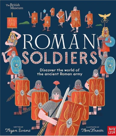 Book cover illustration featuring Roman soldiers in formation, illustrated in a stylized, graphic art style on a blue background.
