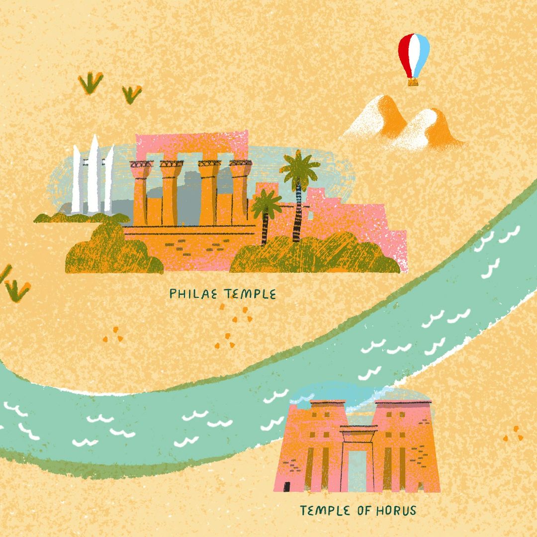 Illustrated map of Egypt featuring Philae Temple and the Temple of Horus along the Nile River, with a hot air balloon in the sky.