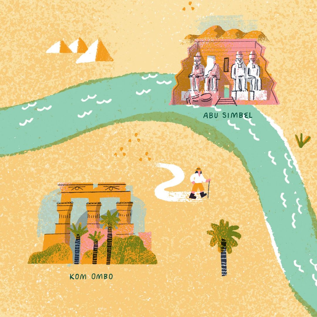 Illustrated map of Egypt with Nile River, Abu Simbel, Kom Ombo, pyramids, person hiking on a path, and sandy desert environment.