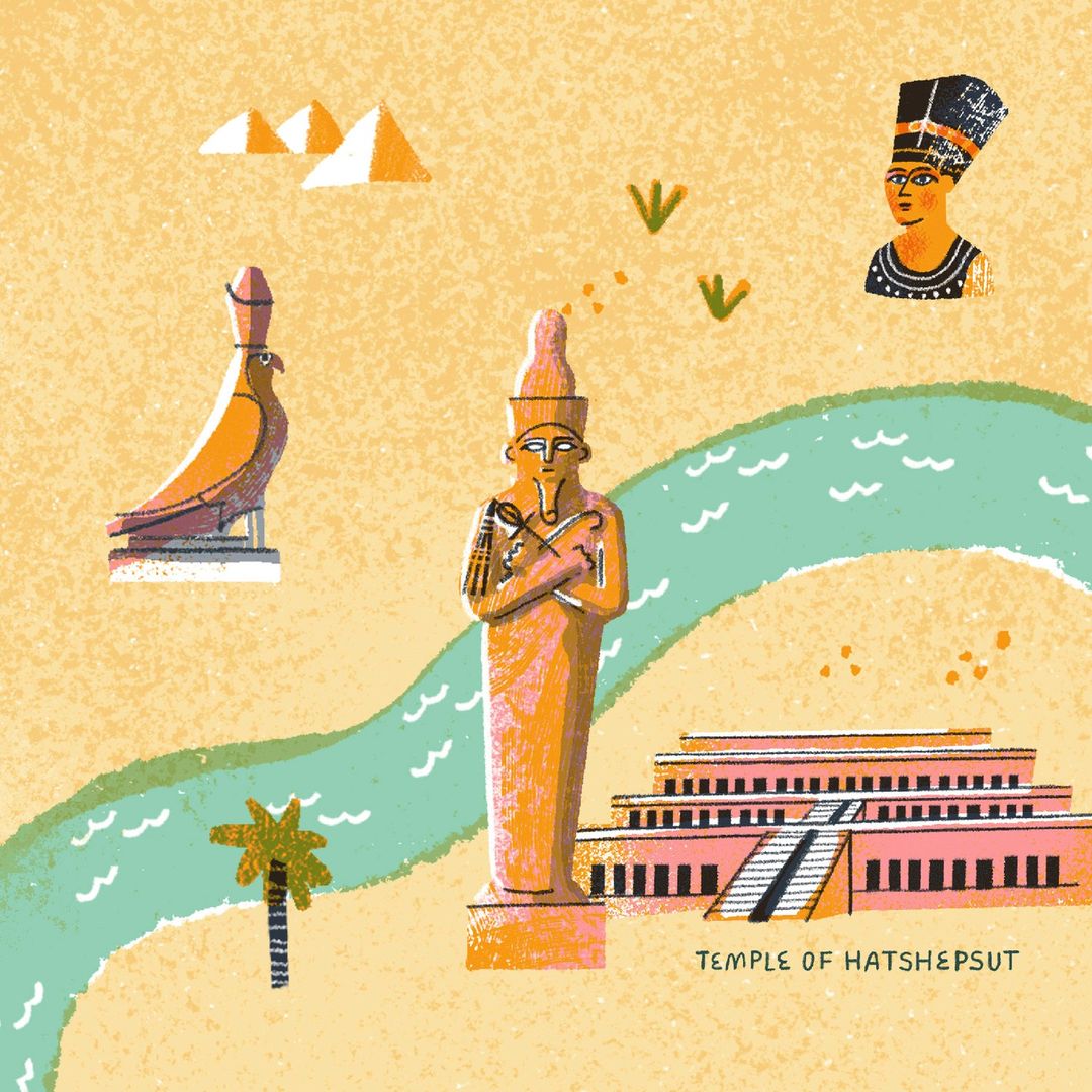 Illustration of ancient Egyptian scenery with pyramids, pharaoh statue, Temple of Hatshepsut, palm tree, and a statue of Nefertiti.