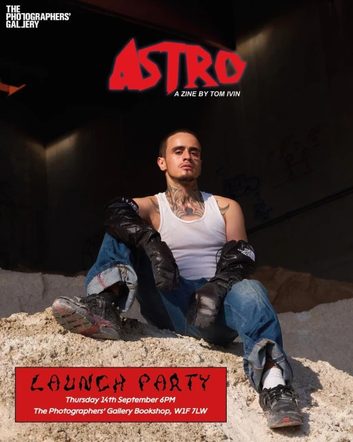 Zine cover featuring a man with tattoos, wearing a tank top and gloves, seated on a pile of debris, with 'ASTRO' and event text.
