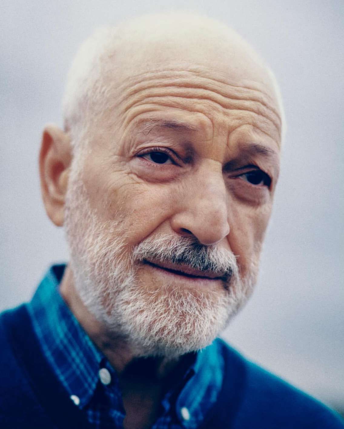 Portrait of an elderly man with a beard and receding hairline, wearing a blue patterned shirt and a blue sweater, against a blurred background.