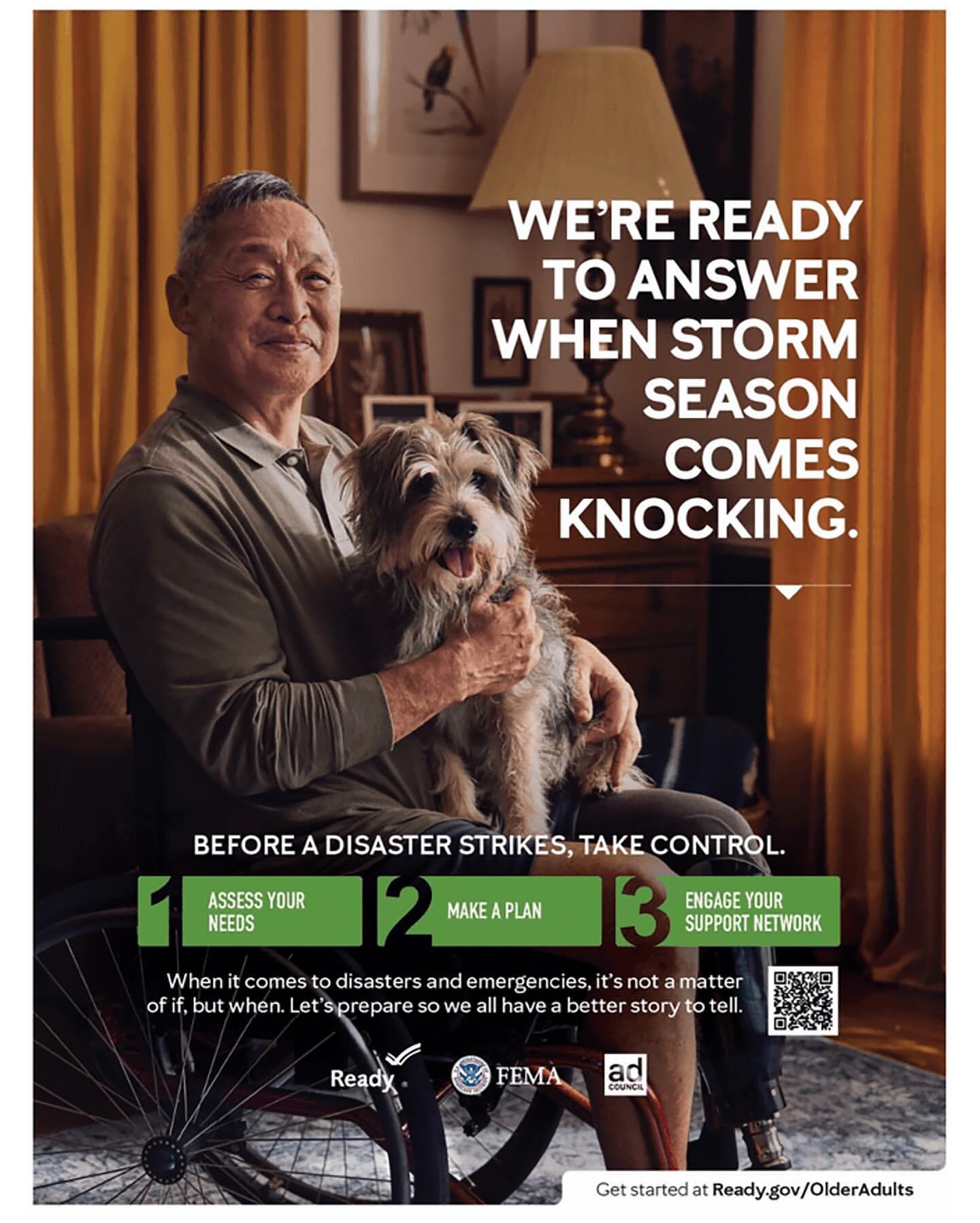 Elderly man in wheelchair indoors with small dog on lap, promotional image about preparing for storm season and disaster preparedness.