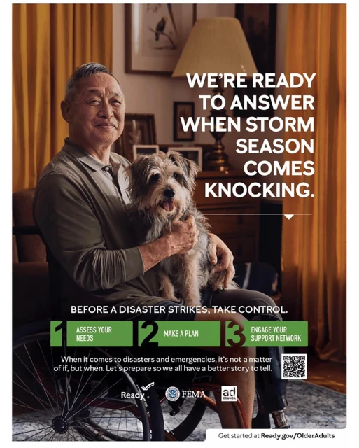 Elderly man in wheelchair indoors with small dog on lap, promotional image about preparing for storm season and disaster preparedness.