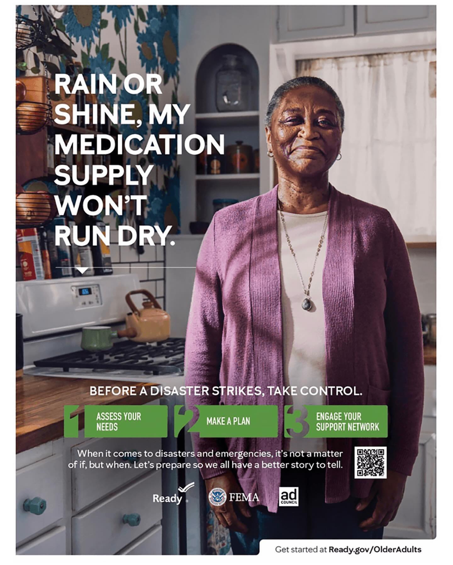 An older African-American woman stands in a kitchen in an advertisement promoting disaster preparedness for older adults and medication safety.