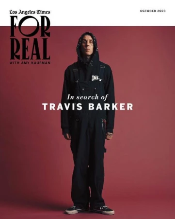 Los Angeles Times cover featuring Travis Barker in black overalls, standing in front of a solid red background, October 2023 issue.