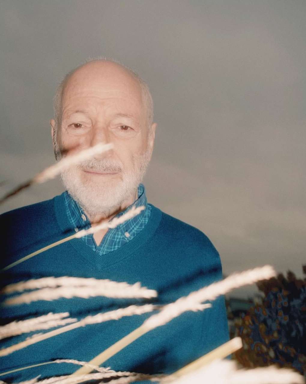 Portrait of a mature adult male with a short white beard and blue sweater, smiling among tall, light brown grass against an overcast sky.