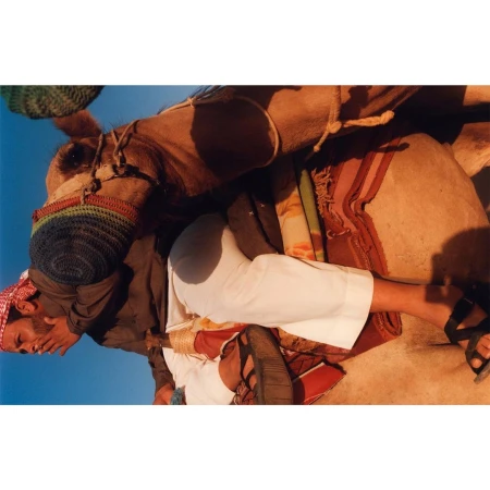 Man riding a camel with blue sky in the background. He is wearing a traditional headscarf and white clothing, sitting in an open desert area.