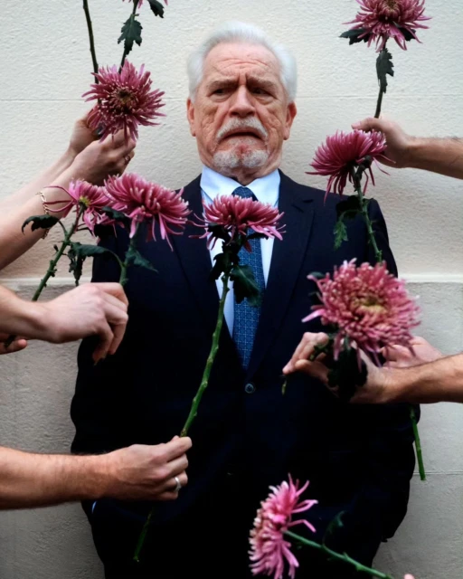 Mature man in a suit surrounded by hands holding pink chrysanthemums. Portrait in front of a white wall for celebrity and entertainment.