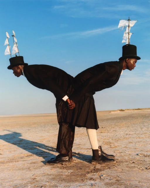 Two figures in surreal fashion, posed against a sky and beach, with ship models atop hats, creating a striking visual statement.