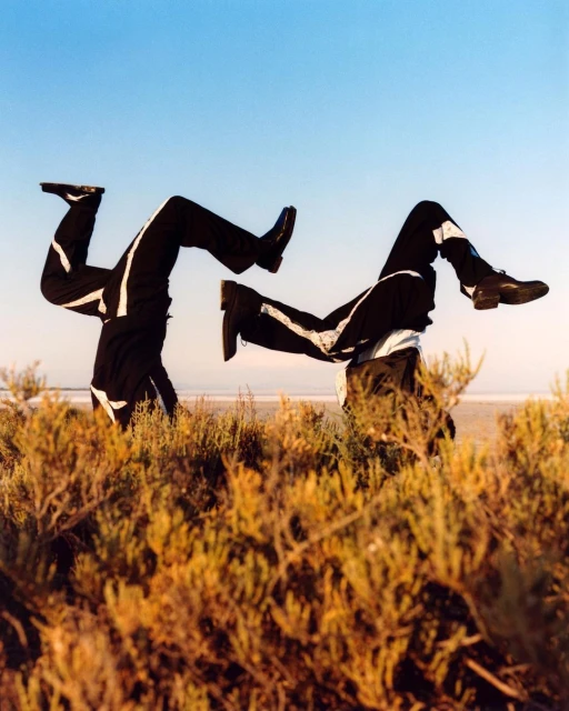 Two people in black and white tracksuits doing handstands in a field, their heads buried in the grass, against a clear blue sky.