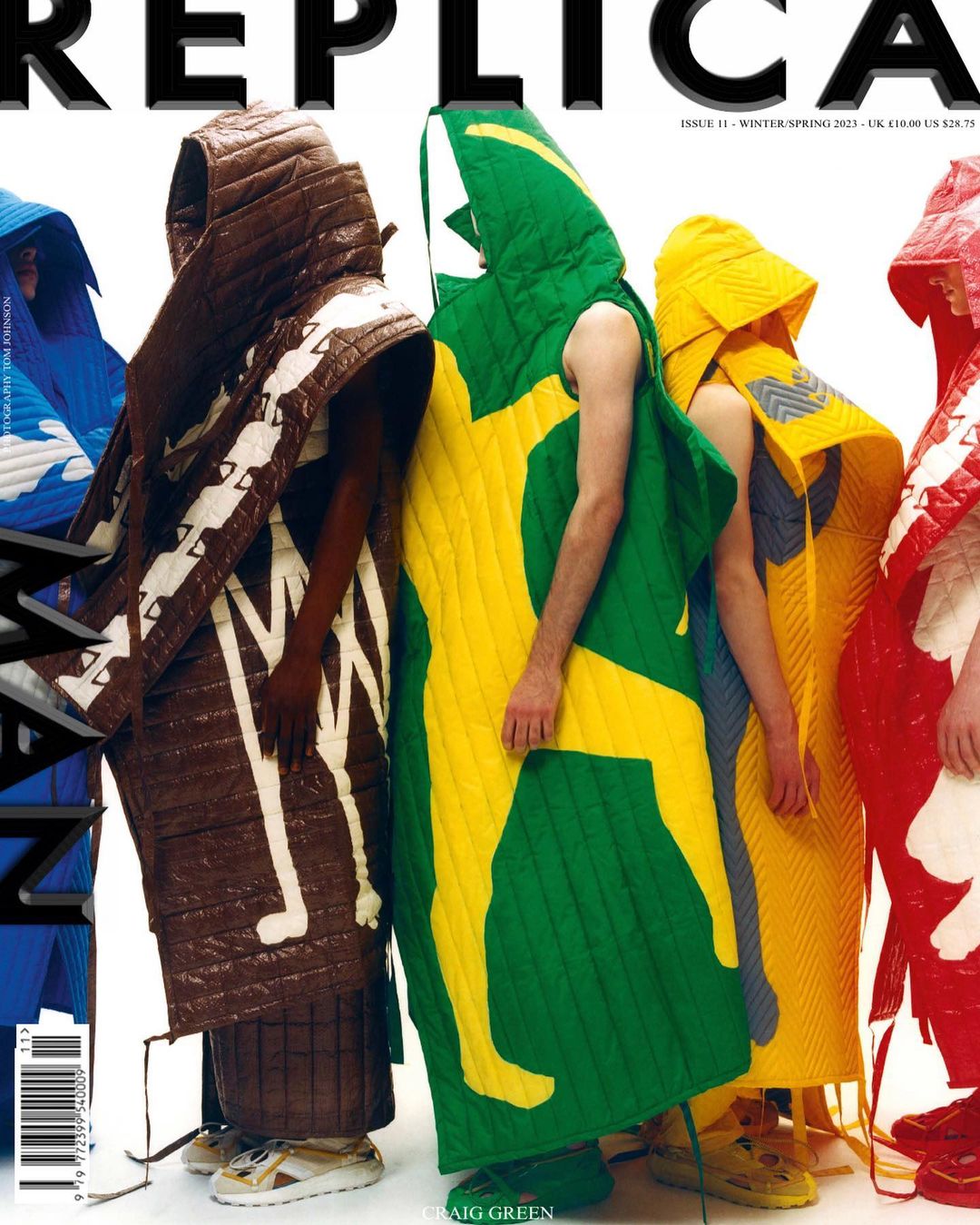 Fashion magazine cover with five figures wearing hooded patchwork-quilted garments in brown, green, yellow, and red against white.