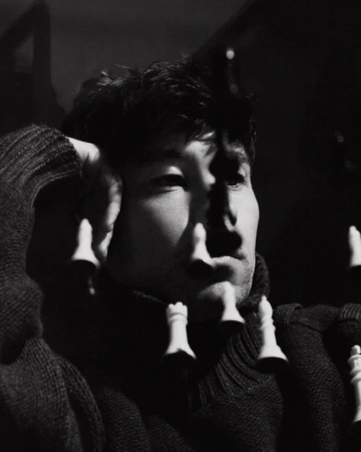 Monochromatic portrait of a man in a sweater with chess pieces suspended in front of his face, showcasing depth and contrast.