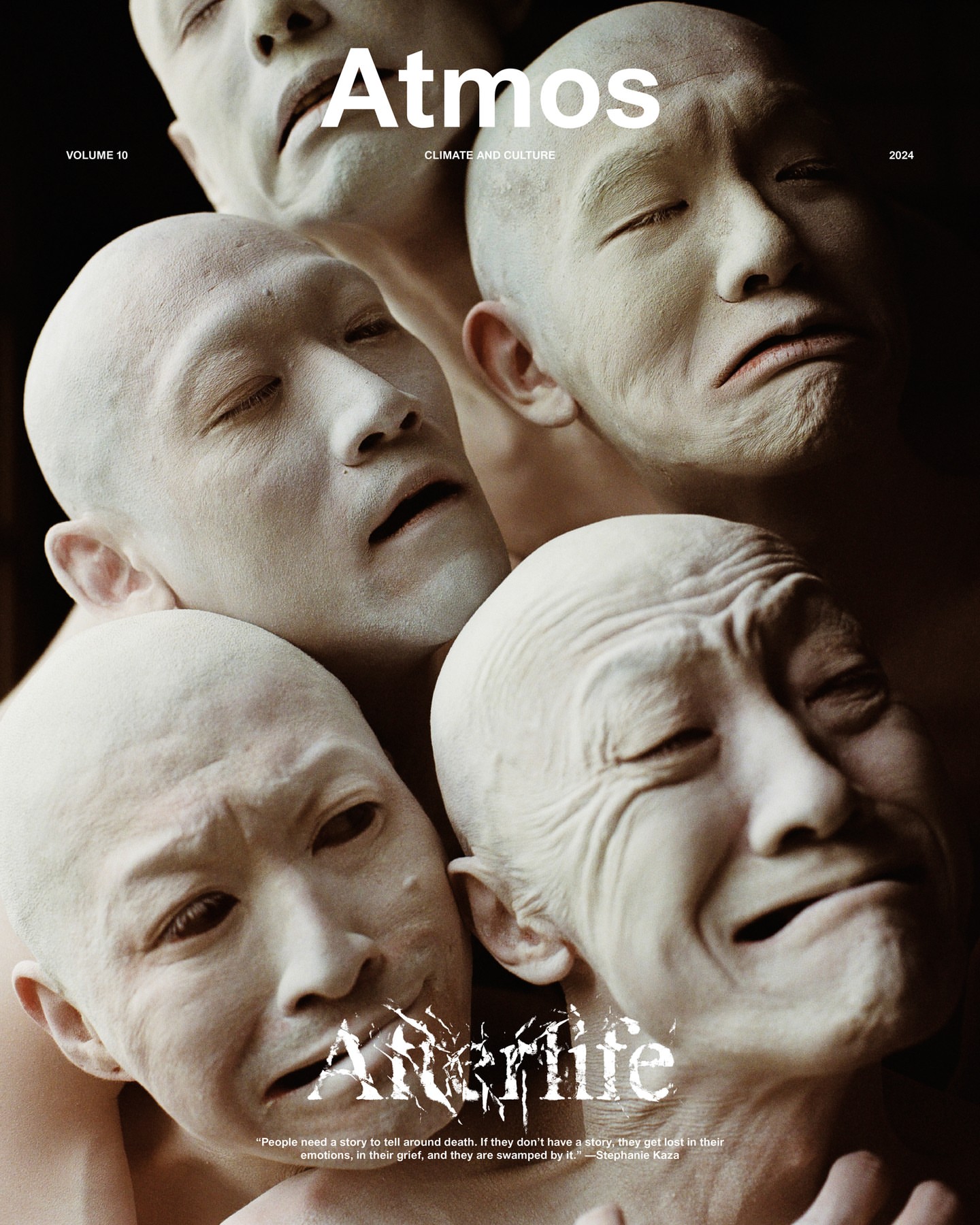 Magazine cover featuring multiple Asian faces covered in white makeup, expressing sadness, and overlaid with the words Atmos and Afterlife.