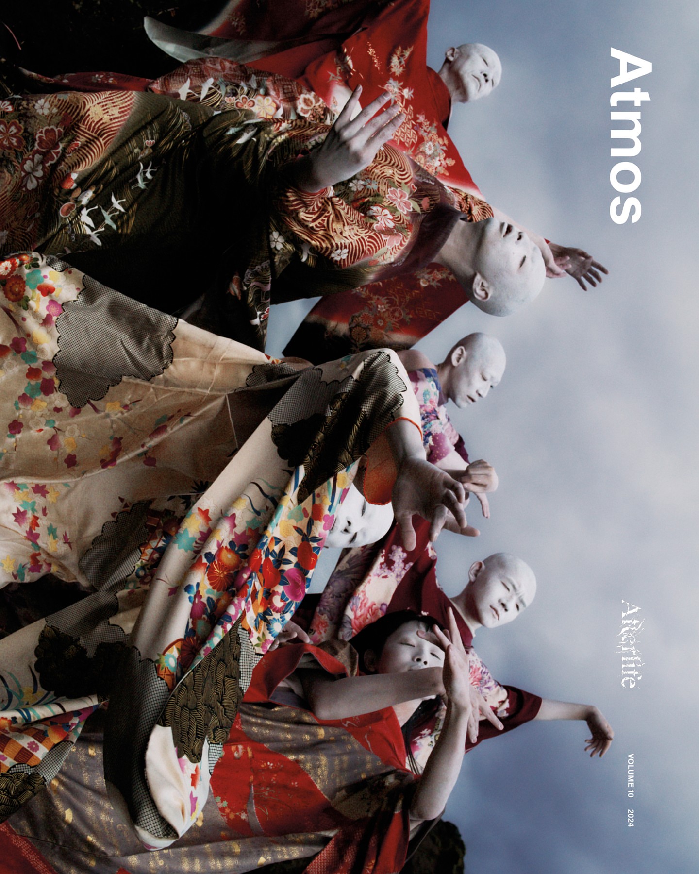 Fashion editorial featuring multiple pale-skinned women in colorful, patterned kimonos, creating a surreal, layered composition with text overlay.