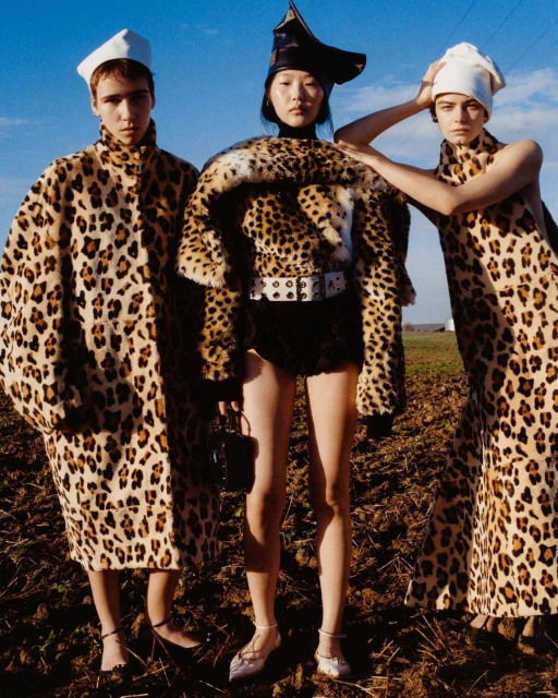 Three models pose outdoors, wearing leopard-print coats and hats. One holds a black purse. The background includes a field and sky.