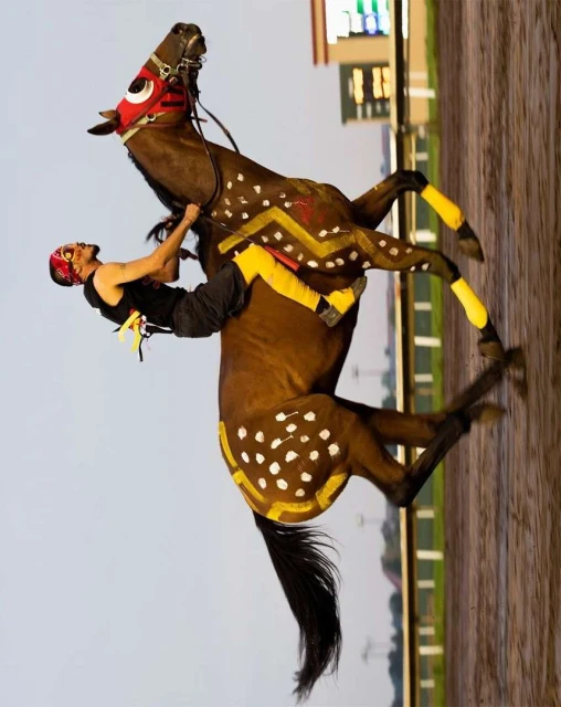 Equestrian event with a brown horse rearing up on hind legs as a male rider holds on, set against a racetrack backdrop.