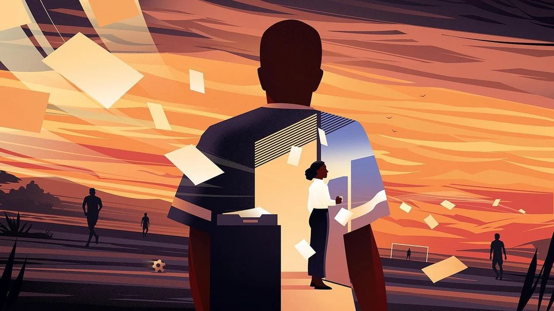 Conceptual illustration of an adult wearing a shirt with visuals of an office worker, papers, and athletes set against a sunset backdrop.